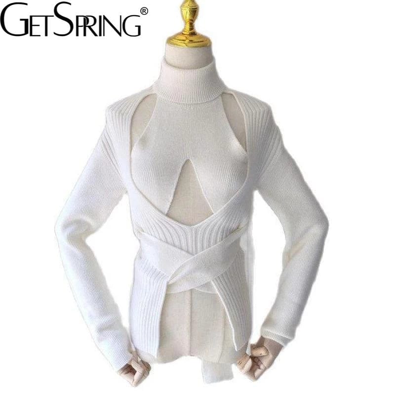 one Size / White Women Sweater Hollow Out Bandage Turtleneck Pullover Sweater Irregular White Knitting Tops Women 2022 New Fashion