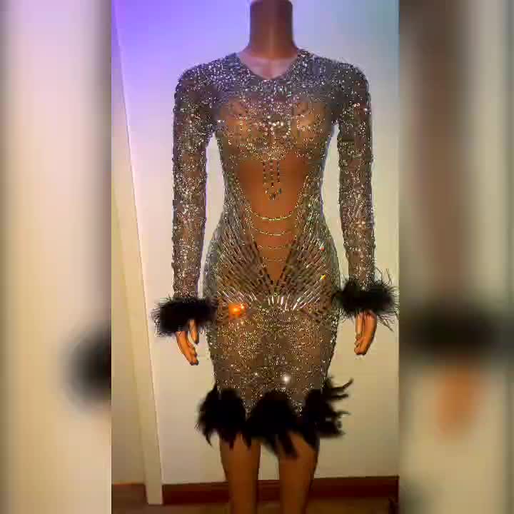 one szie / LD82014 Blue Luxury Design Ladies Long Sleeve Black Feather Woman Performance Ballroom Dress Sparkly Diamond Evening Dresses With Feathers