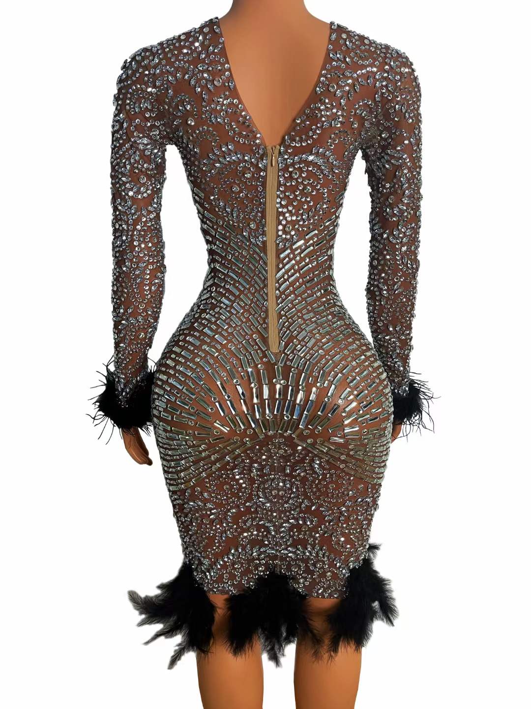 one szie / LD82014 Blue Luxury Design Ladies Long Sleeve Black Feather Woman Performance Ballroom Dress Sparkly Diamond Evening Dresses With Feathers