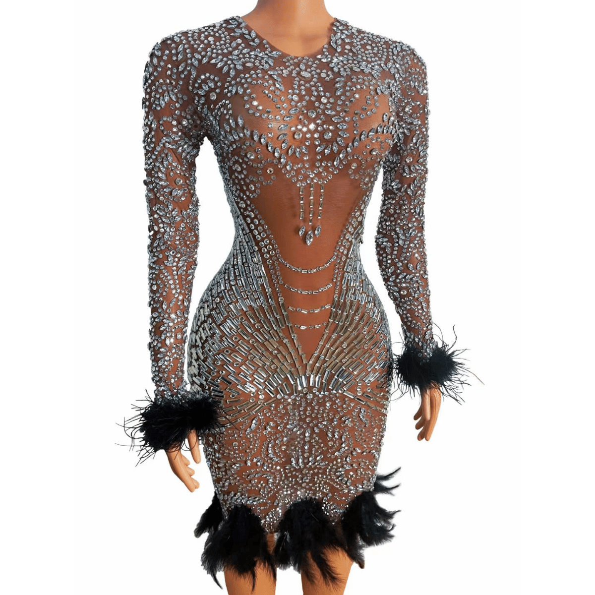 one szie / LD82014 Blue Luxury Design Ladies Long Sleeve Black Feather Woman Performance Ballroom Dress Sparkly Diamond Evening Dresses With Feathers