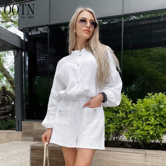 OOTN 2023 Elegant Long Sleeve Homewear Overalls Summer Solid Loose Stand Collar Playsuit Women's Cotton Casual Pocket Shorts Set