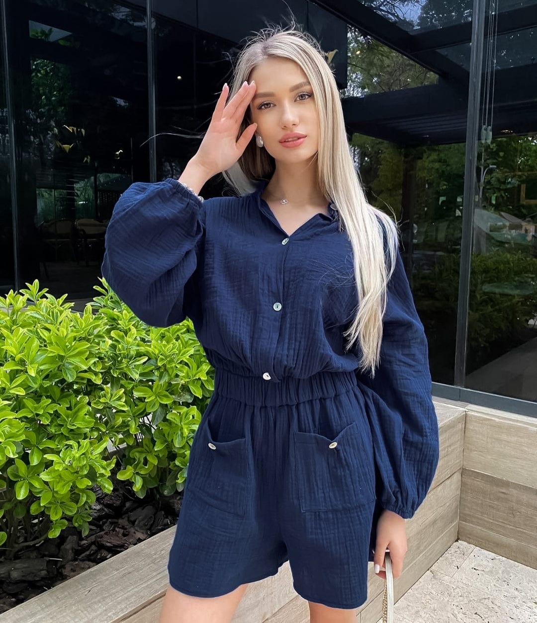 OOTN 2023 Elegant Long Sleeve Homewear Overalls Summer Solid Loose Stand Collar Playsuit Women's Cotton Casual Pocket Shorts Set