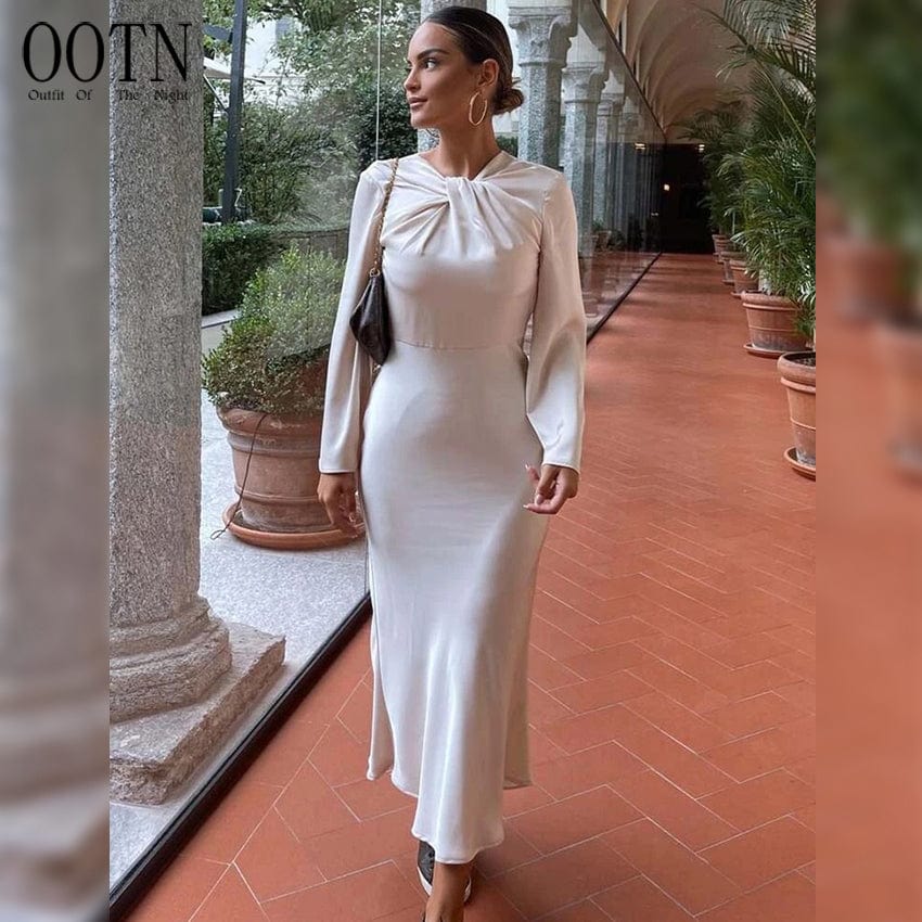 OOTN 2023 Long Sleeve Female Woman Autumn Knot Party Dresses for Women Satin Long Dress Women Backless Maxi Dress