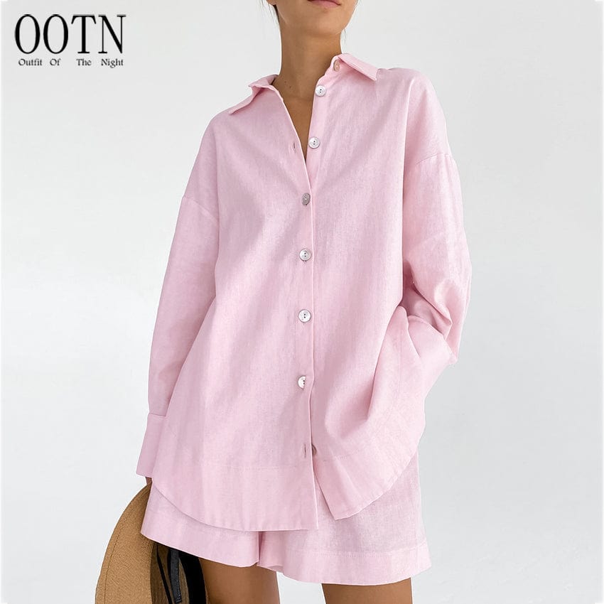 OOTN 2023 Spring Solid Pink Long Sleeve Female Casual Suits With Shorts Loose Women's Home Clothes 2 Piece Sets