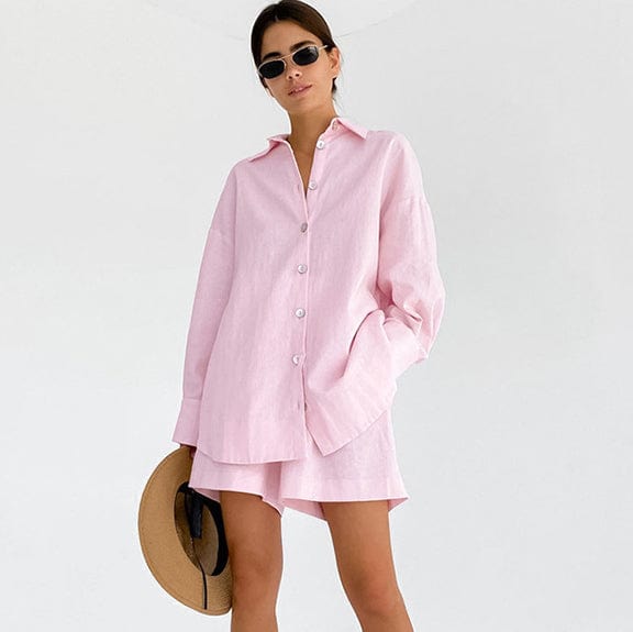 OOTN 2023 Spring Solid Pink Long Sleeve Female Casual Suits With Shorts Loose Women's Home Clothes 2 Piece Sets