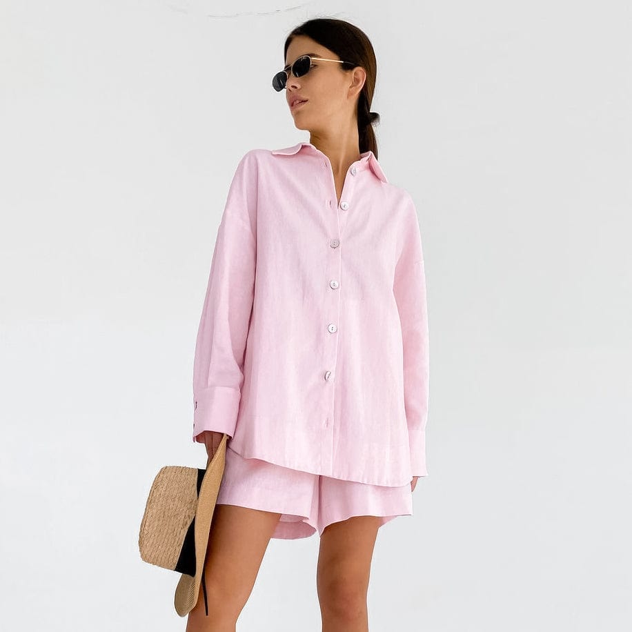 OOTN 2023 Spring Solid Pink Long Sleeve Female Casual Suits With Shorts Loose Women's Home Clothes 2 Piece Sets