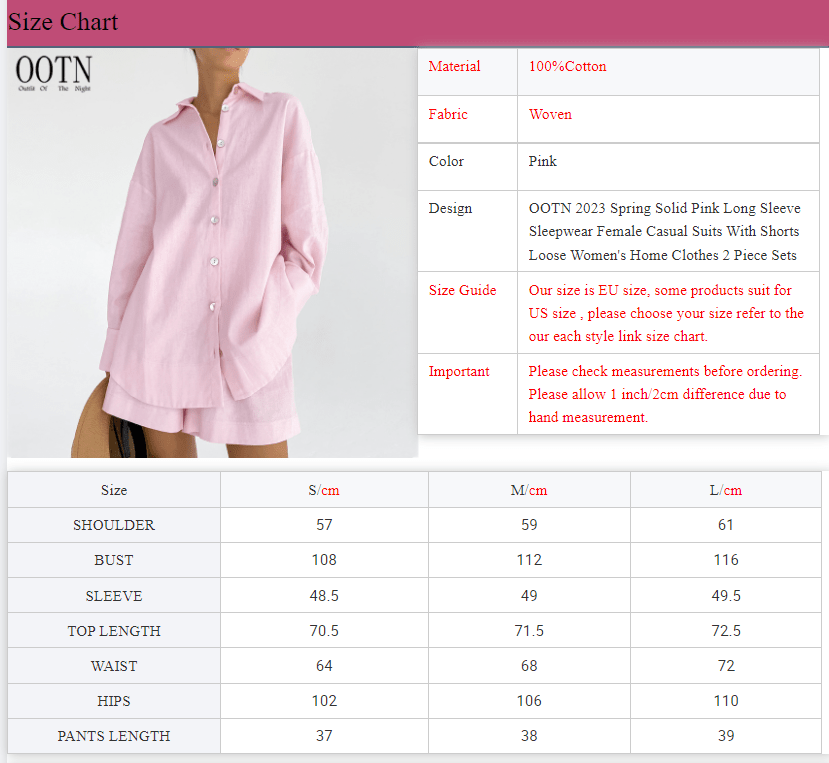 OOTN 2023 Spring Solid Pink Long Sleeve Female Casual Suits With Shorts Loose Women's Home Clothes 2 Piece Sets