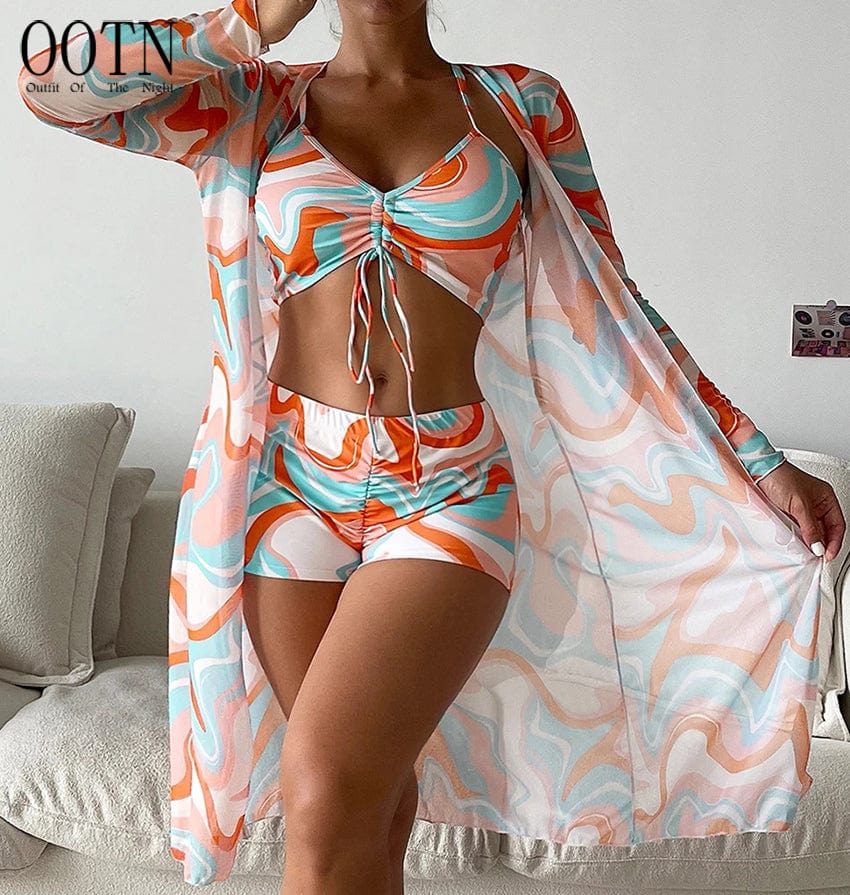 OOTN 2023 Summer Push Up Beach Bathing Suit Tropical High Waist Bikini three piece swim set Sexy Long Sleeve Cover Up Swimsuit