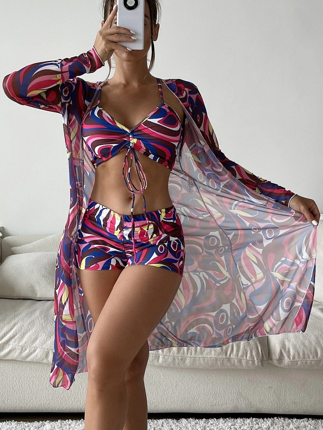 OOTN 2023 Summer Push Up Beach Bathing Suit Tropical High Waist Bikini three piece swim set Sexy Long Sleeve Cover Up Swimsuit