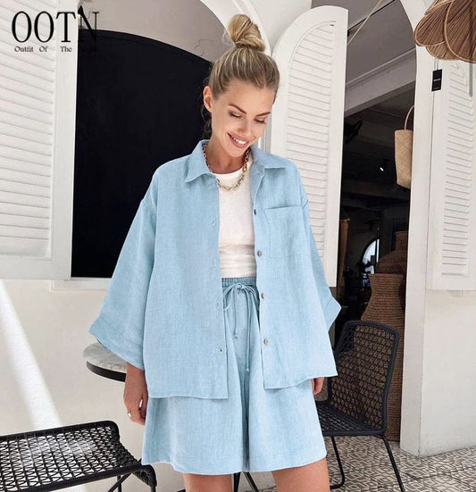 OOTN Female Casual Suits With Shorts Three Quarter Sleeve Loose Women's 2 Piece Sets two piece set women clothing summer 2023