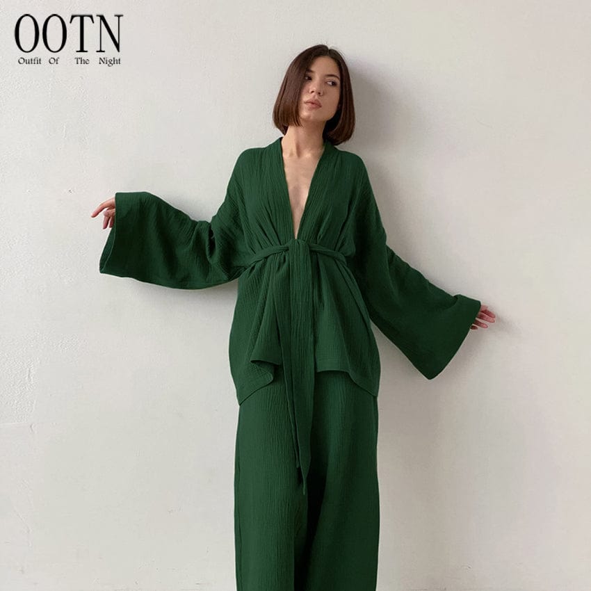 OOTN Ladies Sleepwear Suit Women's Home Service Mujer Kimono Pajamas 2023 New 100% Cotton Crepe Long-Sleeved Trousers