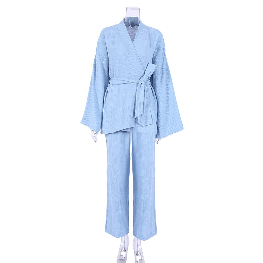 OOTN Ladies Sleepwear Suit Women's Home Service Mujer Kimono Pajamas 2023 New 100% Cotton Crepe Long-Sleeved Trousers