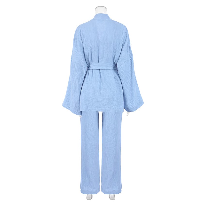 OOTN Ladies Sleepwear Suit Women's Home Service Mujer Kimono Pajamas 2023 New 100% Cotton Crepe Long-Sleeved Trousers