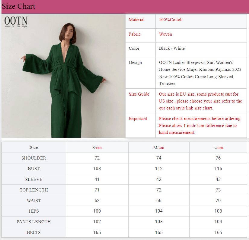 OOTN Ladies Sleepwear Suit Women's Home Service Mujer Kimono Pajamas 2023 New 100% Cotton Crepe Long-Sleeved Trousers