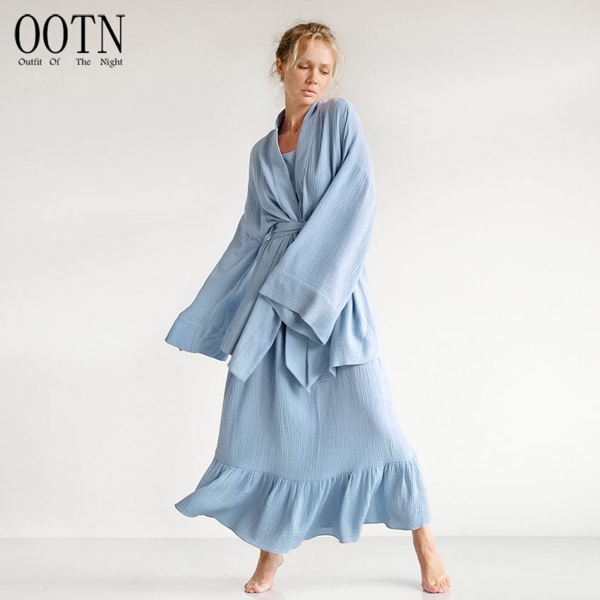 OOTN Night Dress Kimono Sleepwear Cotton Lounge Casual Home Dress Cardigan Straps Trumpet Sleeve Blue Robe Nightgown Sleep Suit