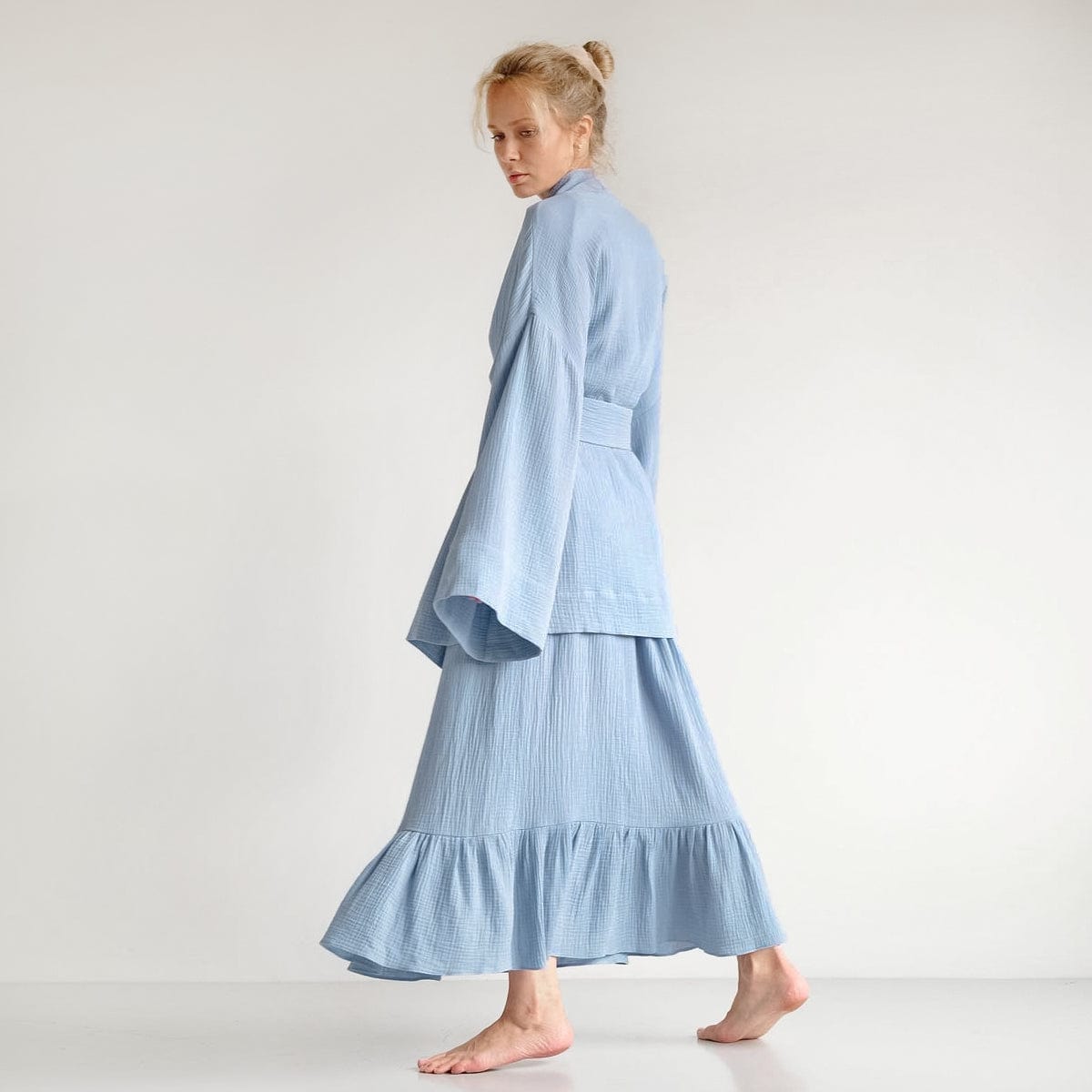 OOTN Night Dress Kimono Sleepwear Cotton Lounge Casual Home Dress Cardigan Straps Trumpet Sleeve Blue Robe Nightgown Sleep Suit