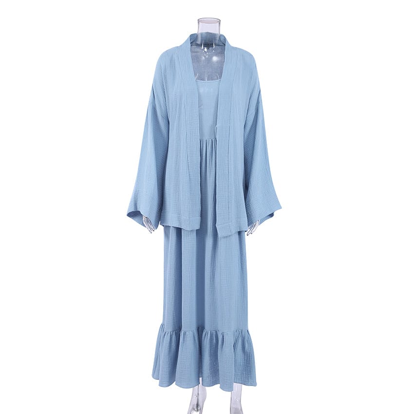 OOTN Night Dress Kimono Sleepwear Cotton Lounge Casual Home Dress Cardigan Straps Trumpet Sleeve Blue Robe Nightgown Sleep Suit