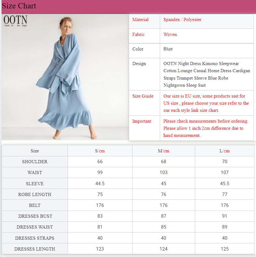 OOTN Night Dress Kimono Sleepwear Cotton Lounge Casual Home Dress Cardigan Straps Trumpet Sleeve Blue Robe Nightgown Sleep Suit