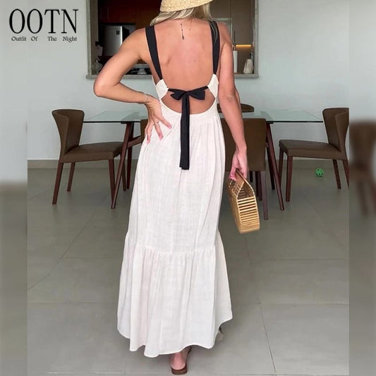 OOTN Round Neck Sleeveless Smocked Vacation Maxi Dress 2023 Contrast Strap Open Back Tie Sexy Summer Dress Long Dresses