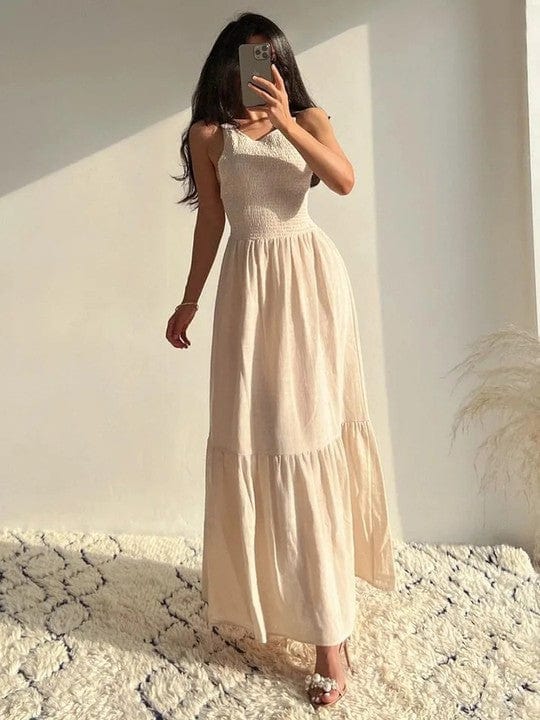 OOTN Round Neck Sleeveless Smocked Vacation Maxi Dress 2023 Contrast Strap Open Back Tie Sexy Summer Dress Long Dresses