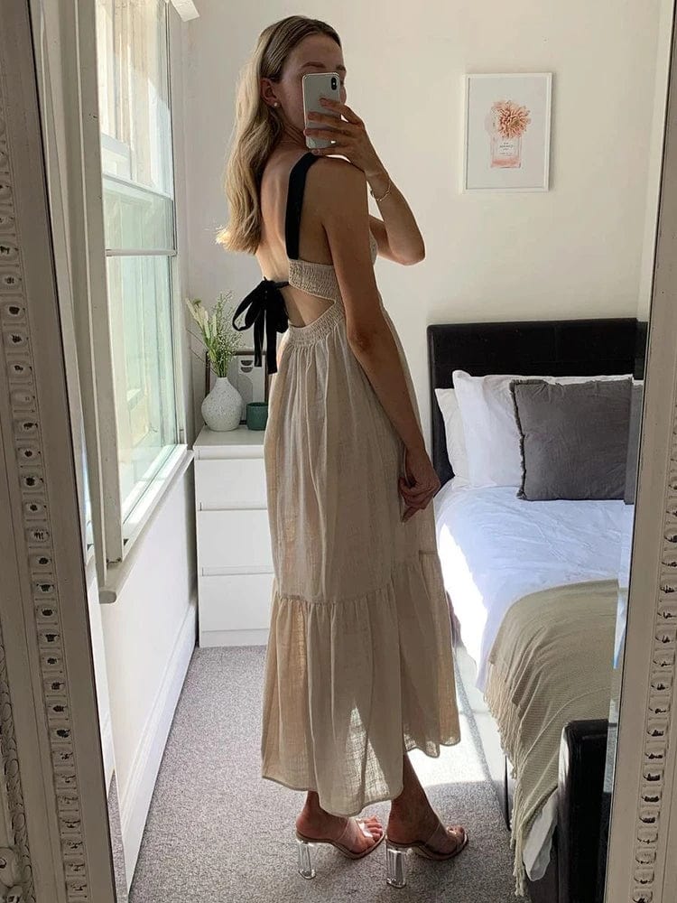 OOTN Round Neck Sleeveless Smocked Vacation Maxi Dress 2023 Contrast Strap Open Back Tie Sexy Summer Dress Long Dresses