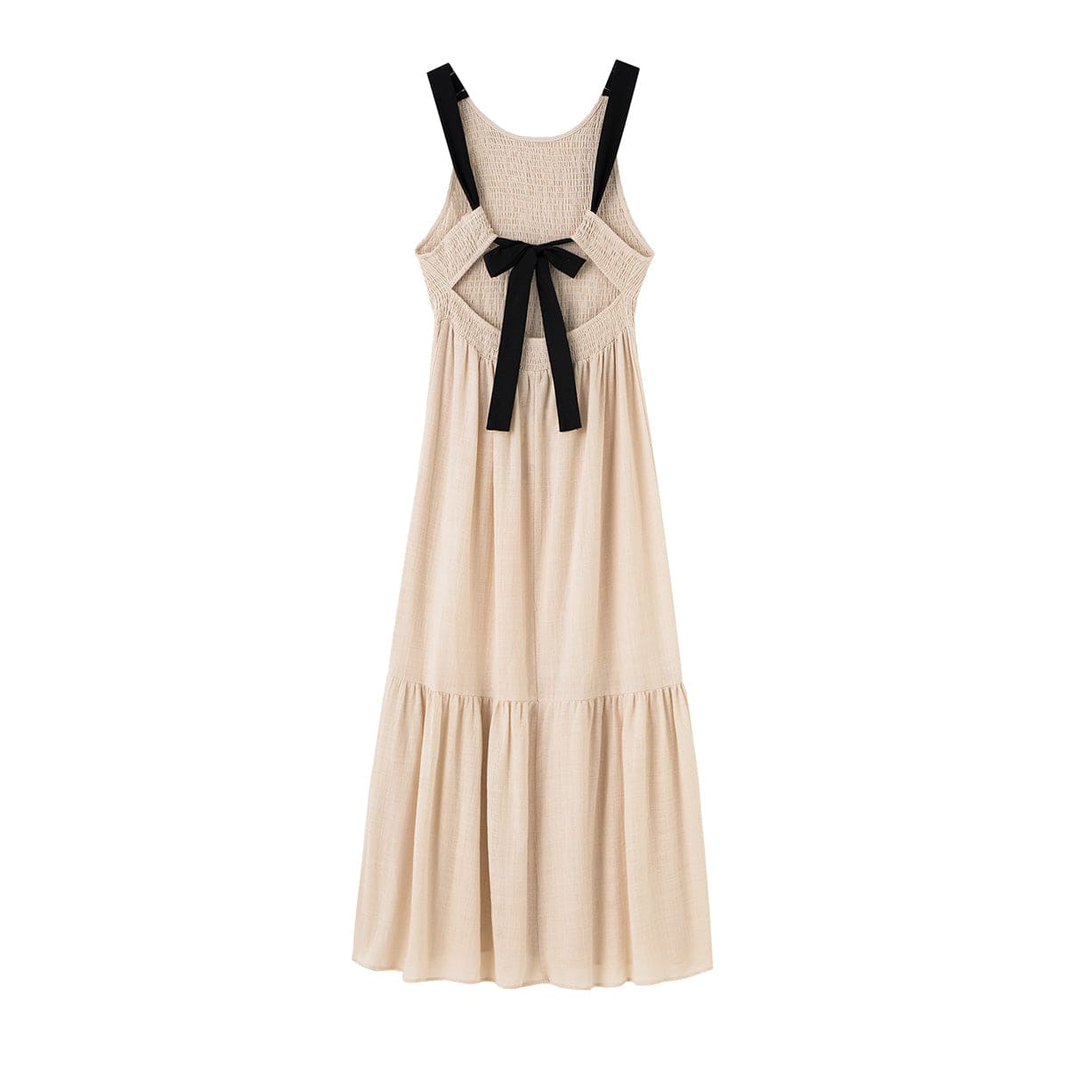 OOTN Round Neck Sleeveless Smocked Vacation Maxi Dress 2023 Contrast Strap Open Back Tie Sexy Summer Dress Long Dresses