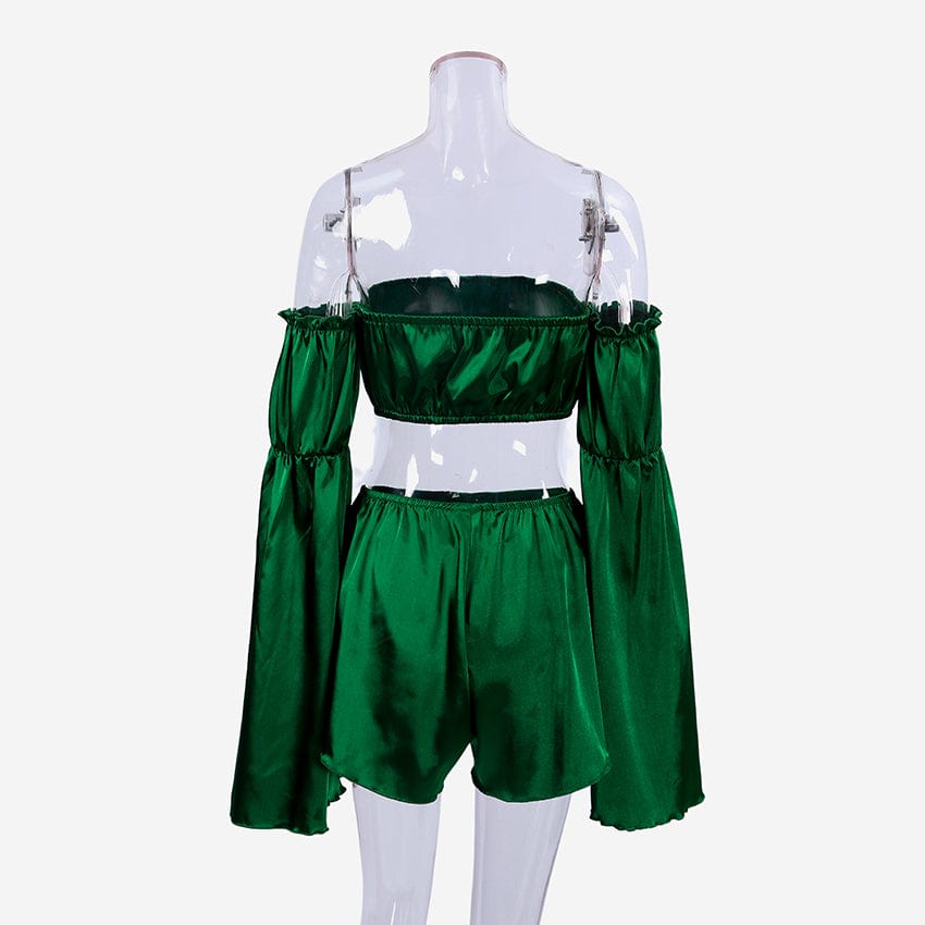 OOTN Ruffled Women'S  White 2023 Green Crop Top Set With Shorts Flare Sleeve Women's Sexy Satin Sets apparel design services