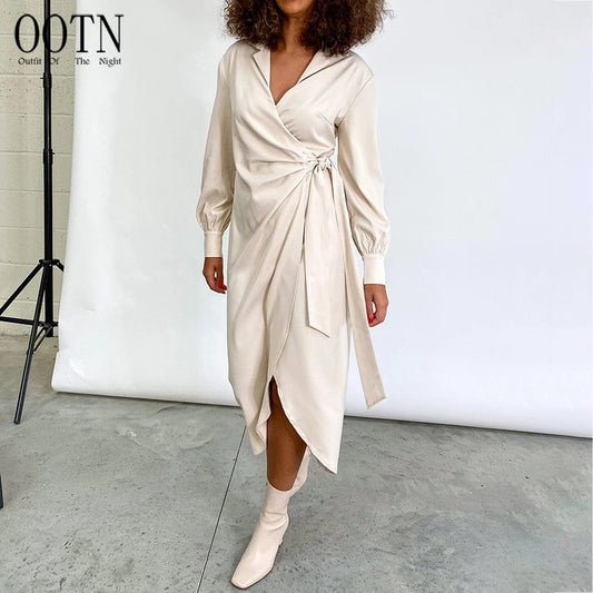 OOTN Women Streetwear Solid Warp Dress Beige Green 2023 Female V Neck Long Sleeve Dresses Sexy Lace Up Asymmetry Midi Dress