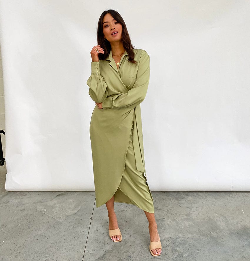 OOTN Women Streetwear Solid Warp Dress Beige Green 2023 Female V Neck Long Sleeve Dresses Sexy Lace Up Asymmetry Midi Dress