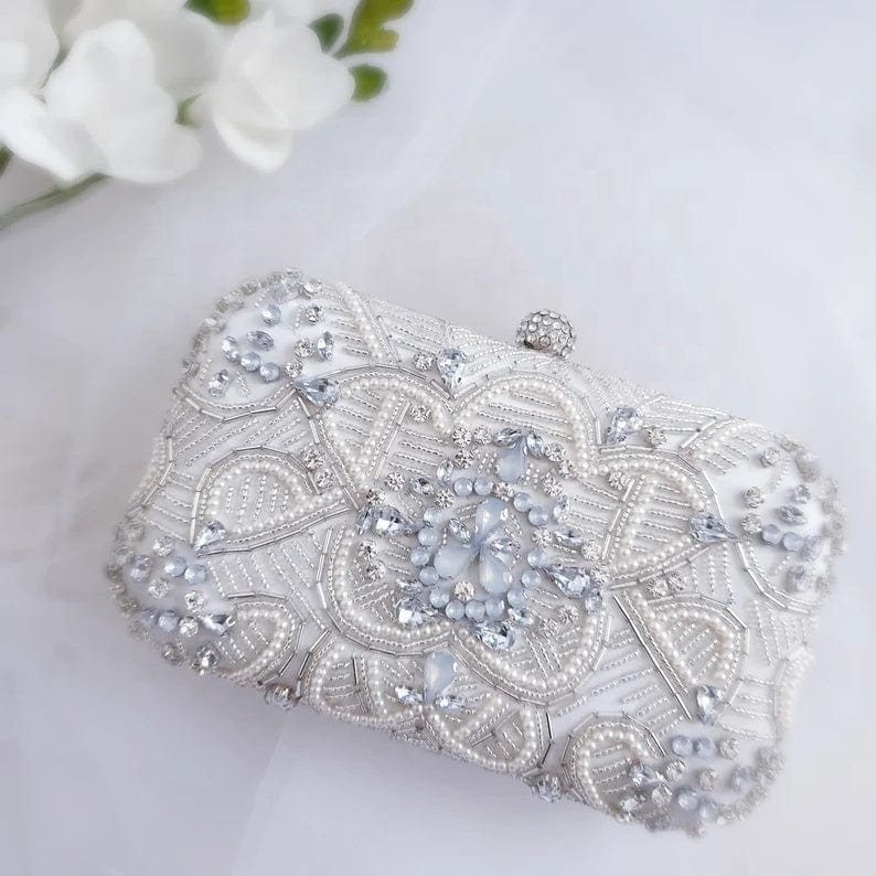 Opal Beaded Bridal Wedding Clutch| White Wedding Crystal Clutch| Bridal Clutch Bag