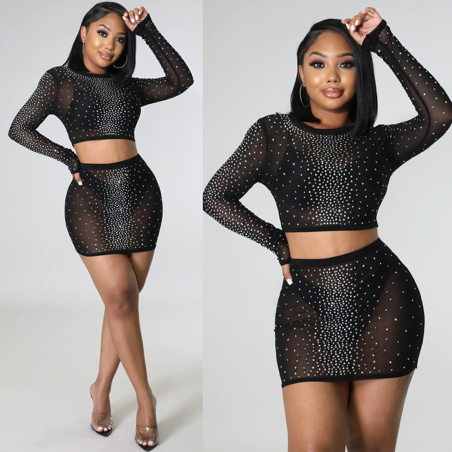 OS6700 New Summer Women 2 Pieces Sets Fashion Sexy Mesh Hot Drill See Through Meshlong Sleeve Short Skirt Two Piece Set