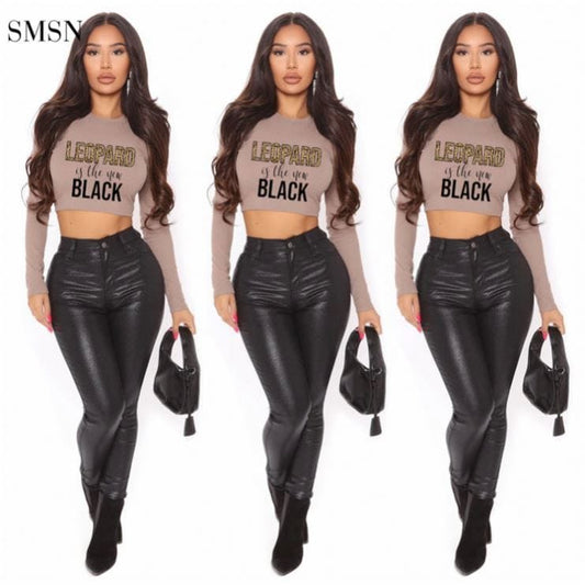 OSINA Best Design Autumn Long Sleeve Letter Print Back Bandage Rib Knit Sexy Crop Top T Shirt Women