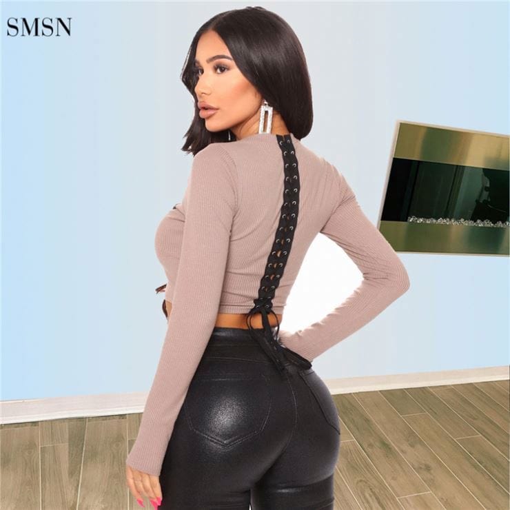 OSINA Best Design Autumn Long Sleeve Letter Print Back Bandage Rib Knit Sexy Crop Top T Shirt Women