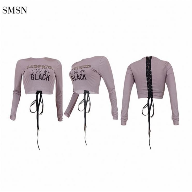 OSINA Best Design Autumn Long Sleeve Letter Print Back Bandage Rib Knit Sexy Crop Top T Shirt Women