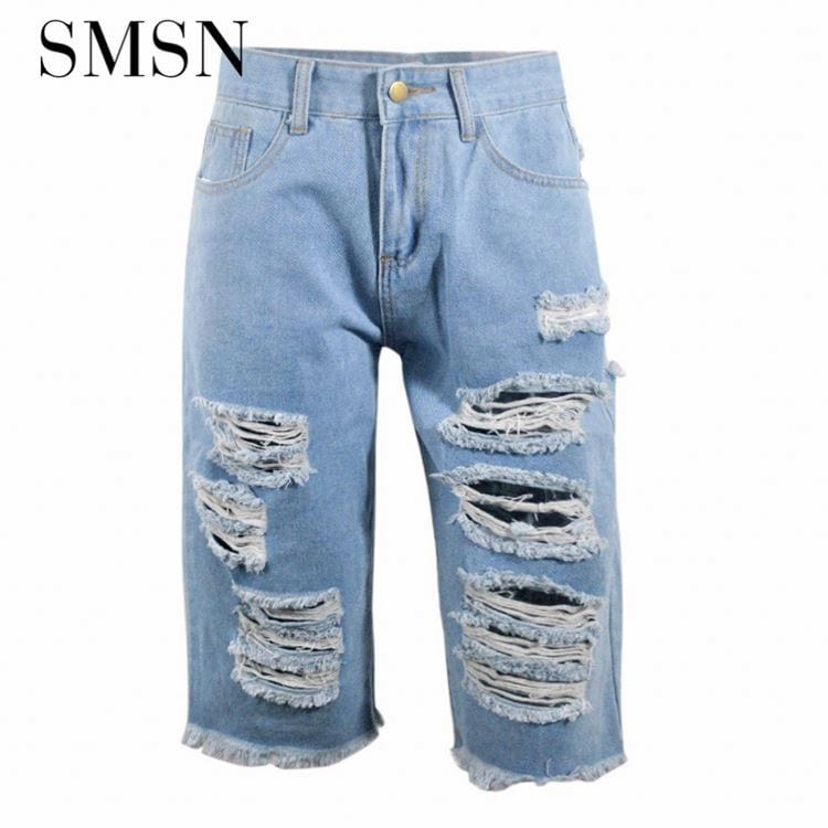 OSINA Best Design Street Sexy Hollow Out Denim Cropped Rough Edge Trousers Knee-Length Plus Size Ripped Women'S Jeans