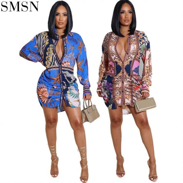 OSINA Latest Design Printed Irregular Cardigan Dress Skirt T Shirt Dress Fall Clothing For Women