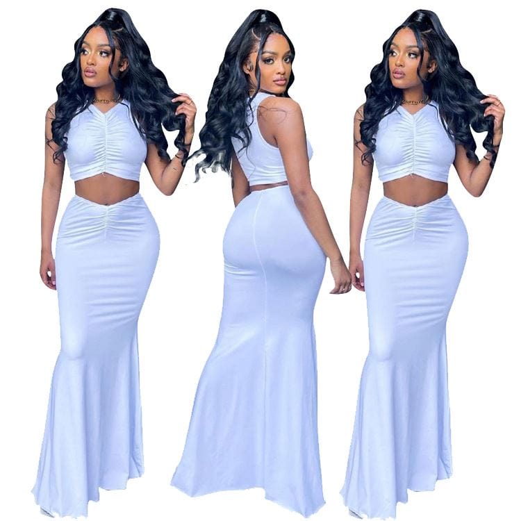 OSINA Latest Design White Crop Top Mermaid Skirt Maxi Dress Folds Pleated Ladies Summer Two Piece Set Outfits