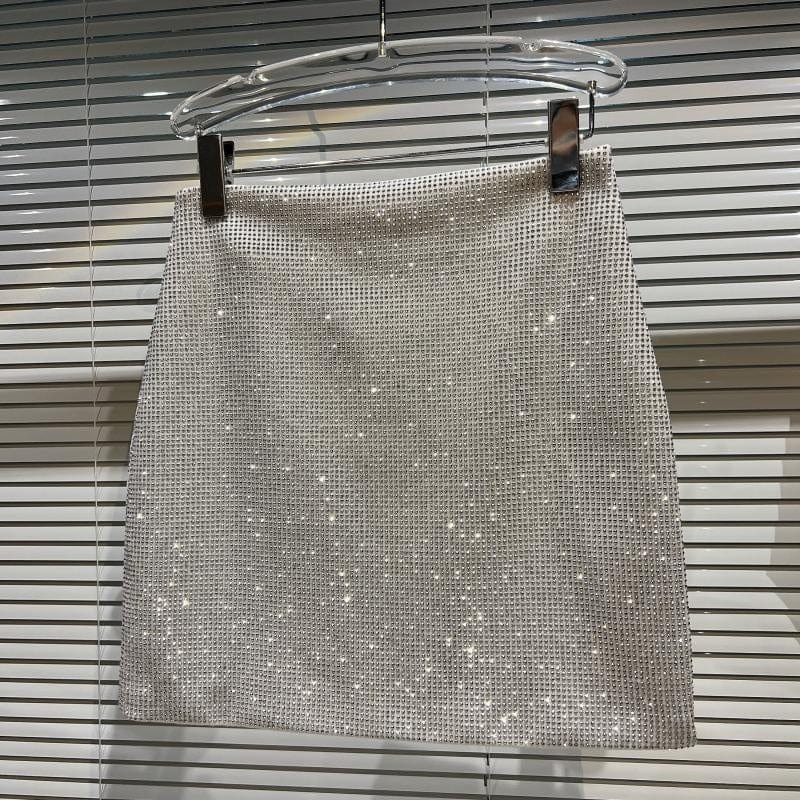 OUDINA 2022 Nightclub Women Rhinestones Sequins Casual Mini Skirts Hot Shiny Ladies Skirt