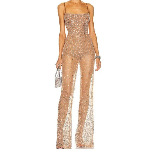 OUDINA 2024 New Arrivals Spring Elegant Sleeveless Sequin Diamond Jumpsuits Mesh Jumpsuit For Women