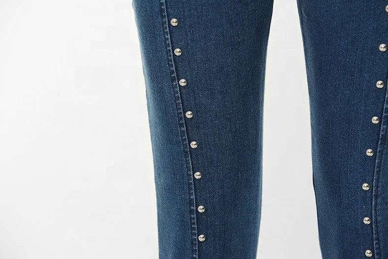 OUDINA 2024 Spring Stretch High Waist Two Button Pencil Pants Beaded Trousers Skinny Jean Femmes Jeans Women