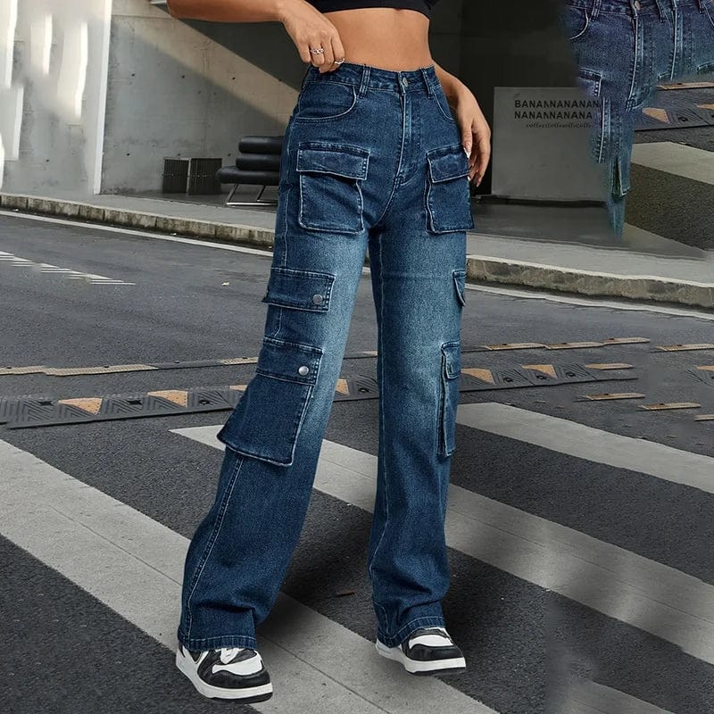 OUDINA Customize 2023 New American Multi Pocket Design High-waist Slim Straight Leg Jeans Women's Pants