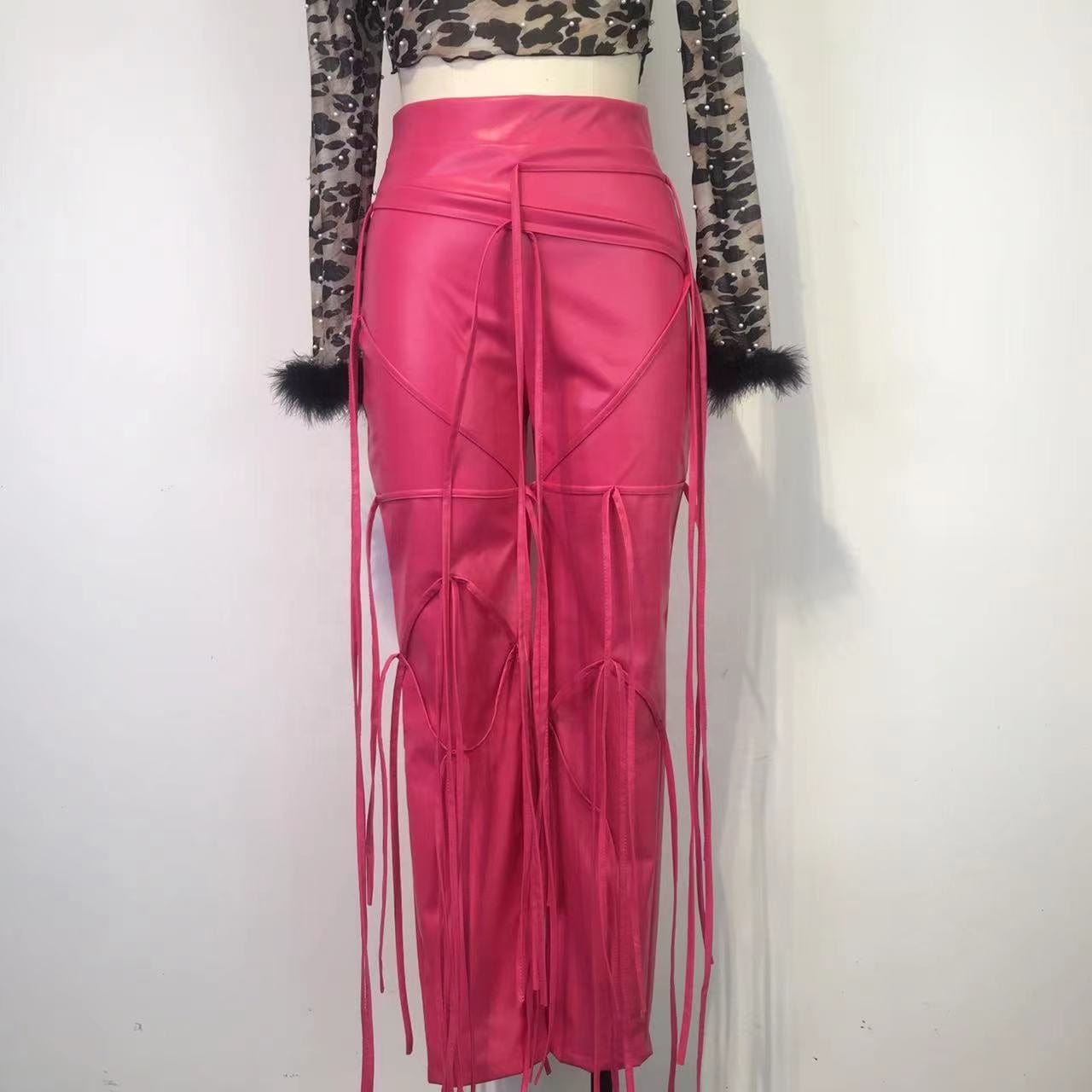 OUDINA Factory New Casual Rope Tie Tight Tassel Trousers Pu Pink Skinny Fringed Leather Pants For Ladies