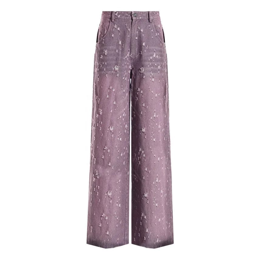 OUDINA  Fashion 2023 New Purple Ladies Denim Burnt Flower Straight Pants Women Washed Ripped Jeans