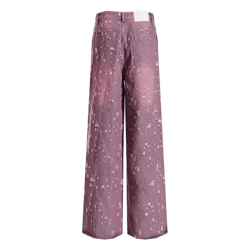 OUDINA  Fashion 2023 New Purple Ladies Denim Burnt Flower Straight Pants Women Washed Ripped Jeans