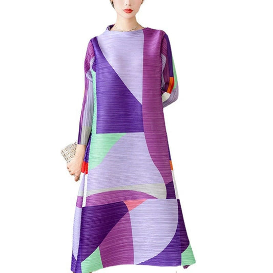 OUDINA Fashion High-end Purple Printed Female Casual Lady Elegant Pleated Women Loose Dresses Women