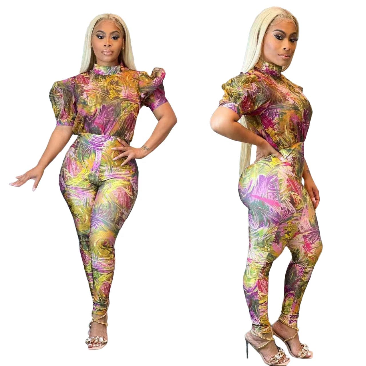 OUDINA Fashion Hot Sale New Casual Tight Short Sleeve Printed Puff Sleeve Jumpsuit Women