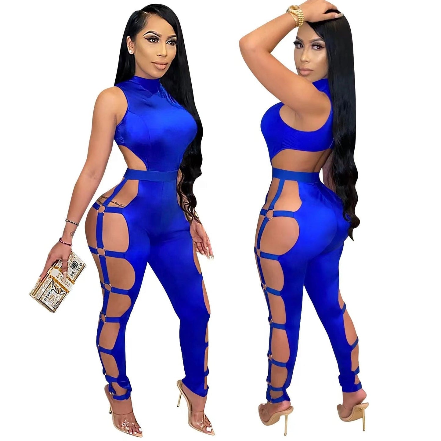 OUDINA Fashion Nightclub Tight Sleeveless Sexy Hollowed Out Jumpsuits Backless Jumpsuit