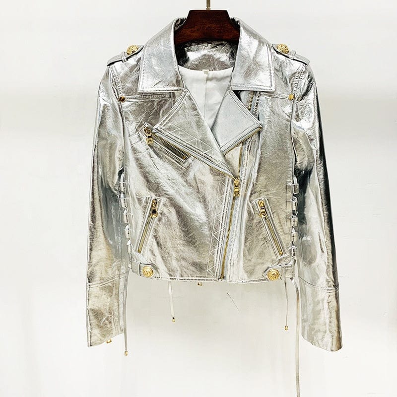 OUDINA Fashionable New Drawstring Silver Metal Texture Diagonal Zipper Jacket Women Motorcycle Leather Jackets