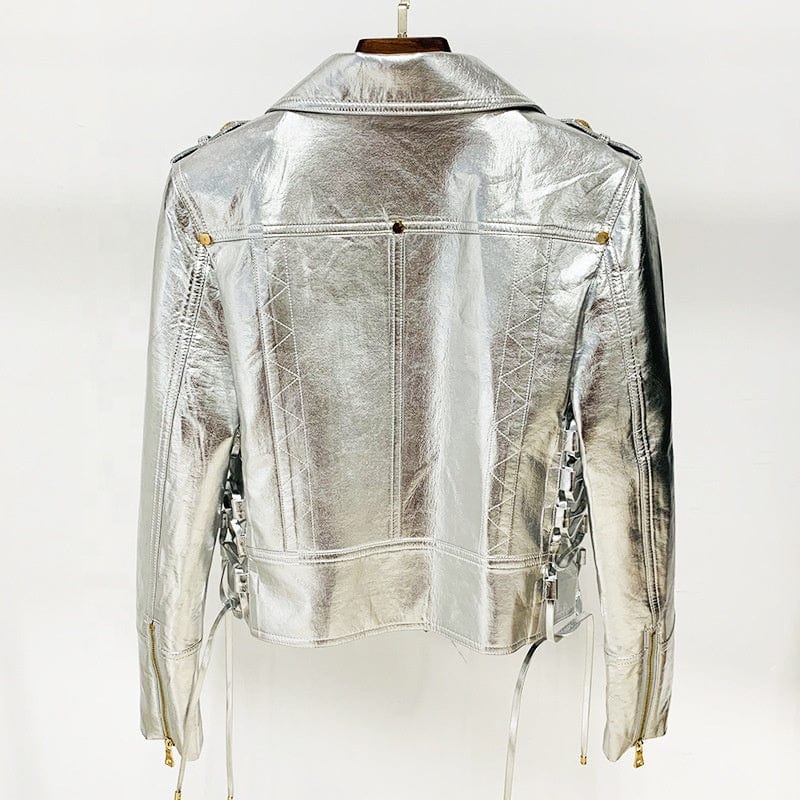 OUDINA Fashionable New Drawstring Silver Metal Texture Diagonal Zipper Jacket Women Motorcycle Leather Jackets