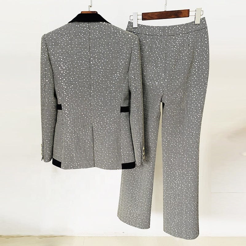 OUDINA Good Quality Plaid Sequin Womens Coat Suits And Blazer Trousers Two Piece Pants Blazers For Women Suit